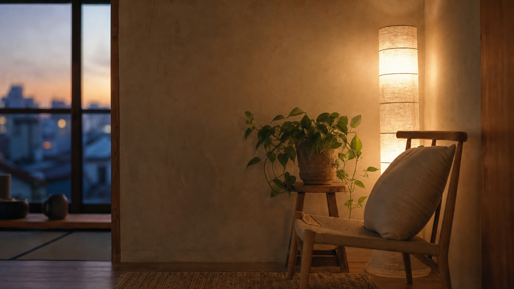 夕暮れ、窓辺に灯る紙のフロアランプと観葉植物のある一人暮らしの部屋